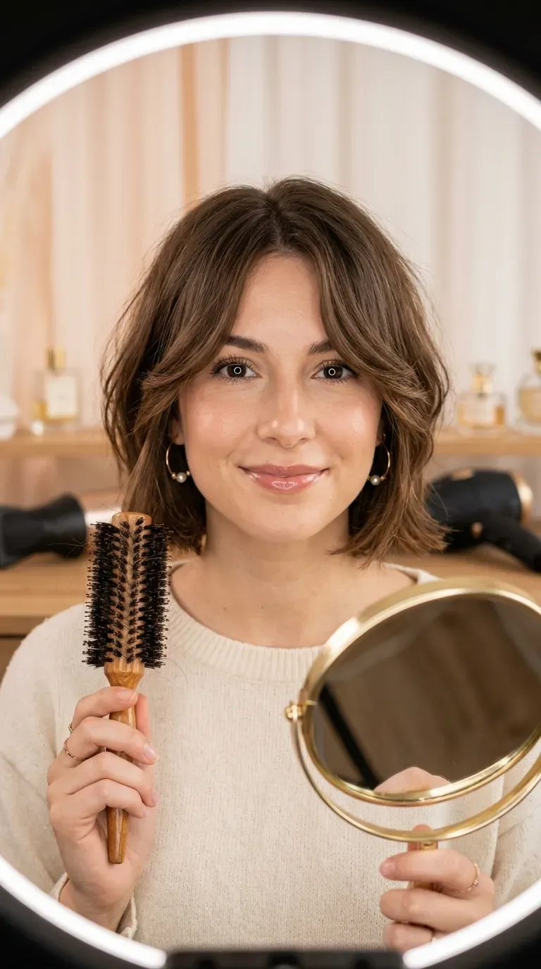 Woman with a face-framing layered bob highlighting cheekbones softly