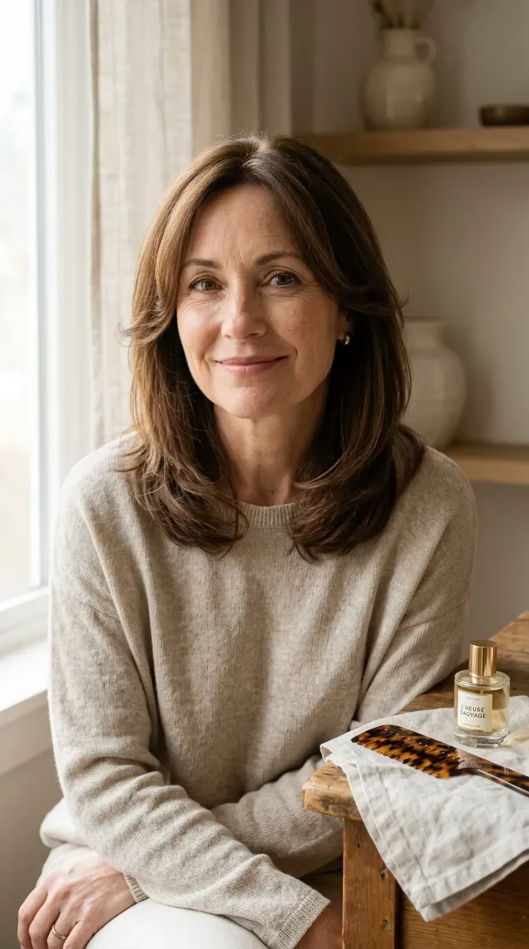 Close-up of a layered bob with soft, face-framing pieces around the cheeks