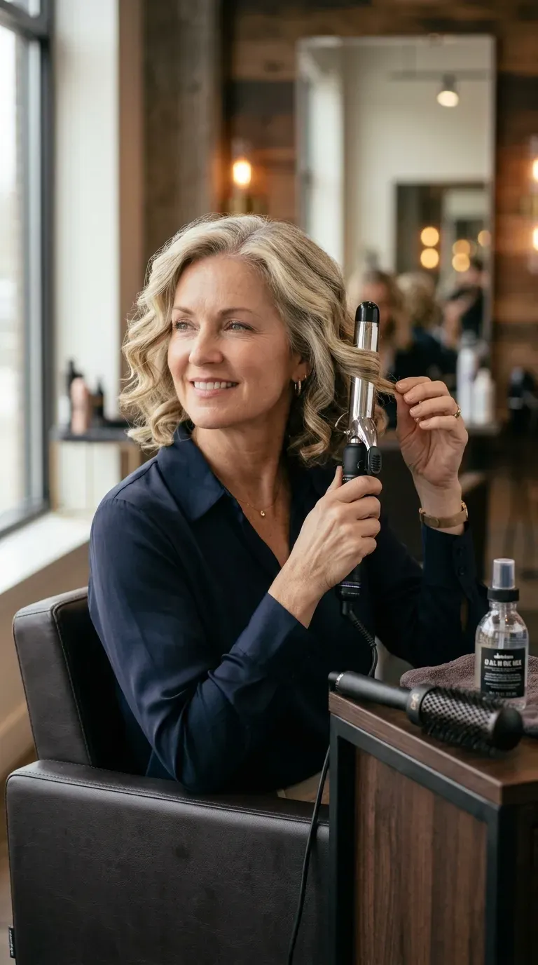 Woman over 50 with curled face-framing medium layers falling at the jawline