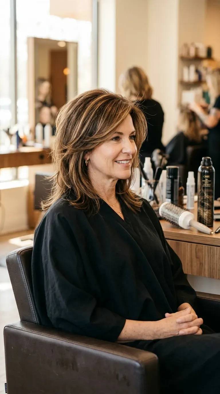 Woman over 50 with face-framing layers cut to lift volume at the crown