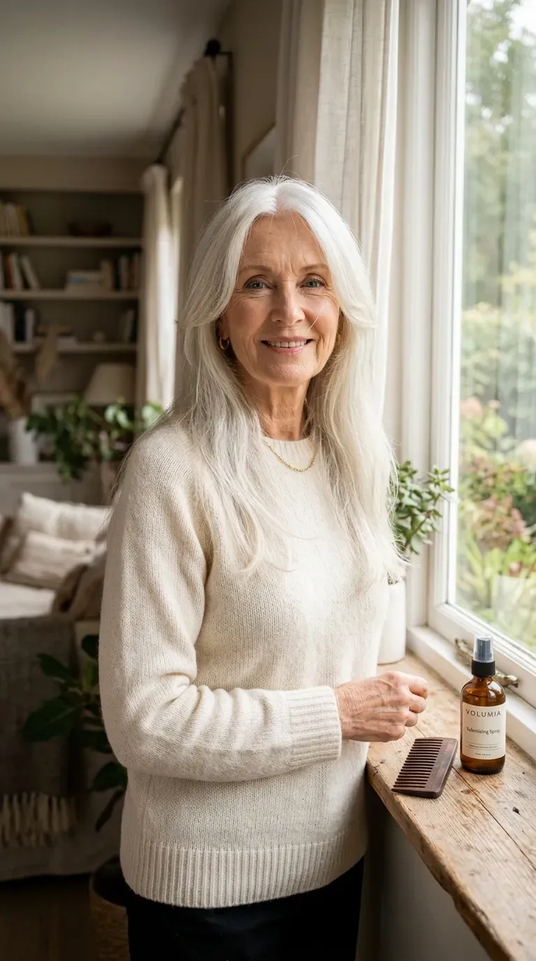 Elegant woman with long hair and softening face framing layers cut around her cheekbones