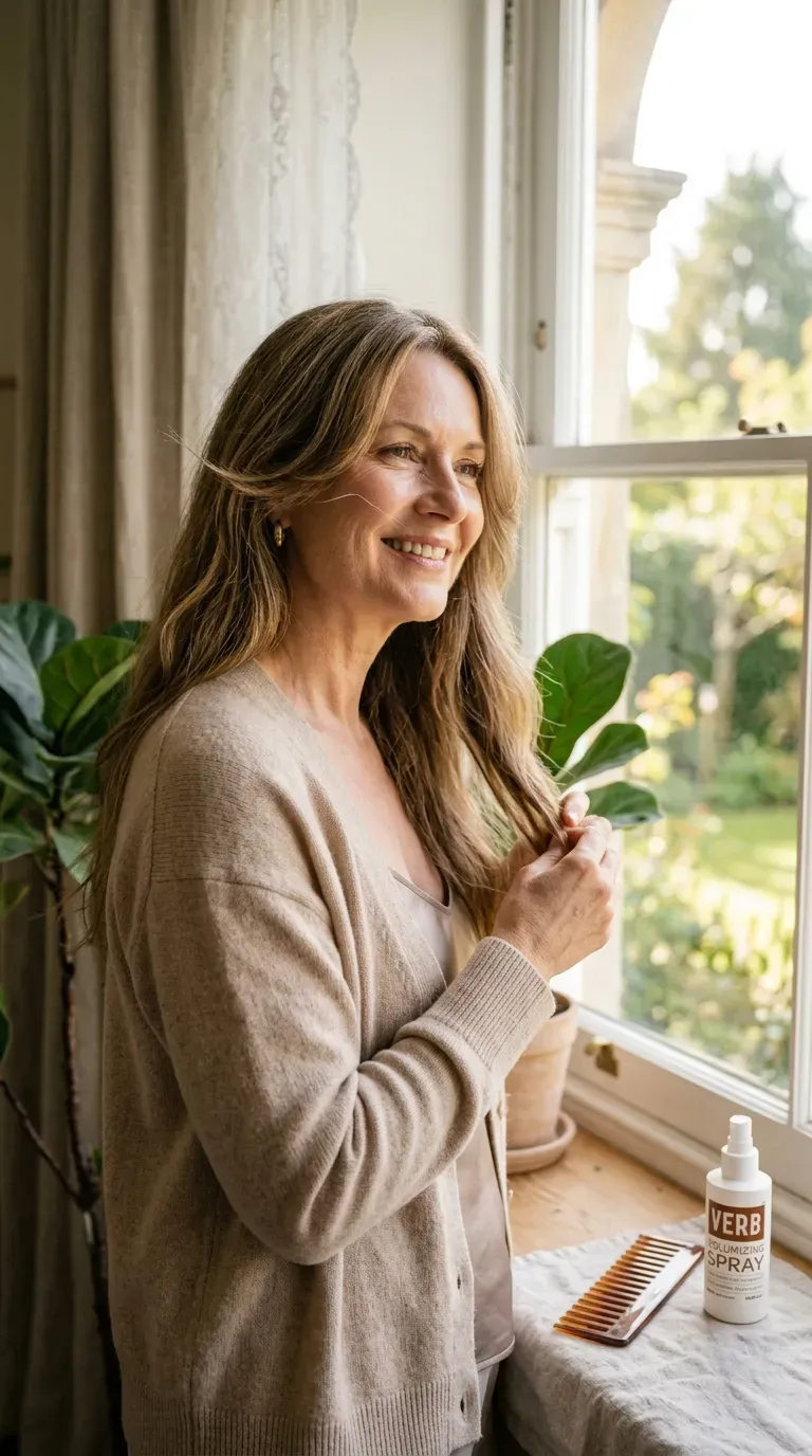 Mature woman with long hair and softening face-framing layers cut around her cheekbones