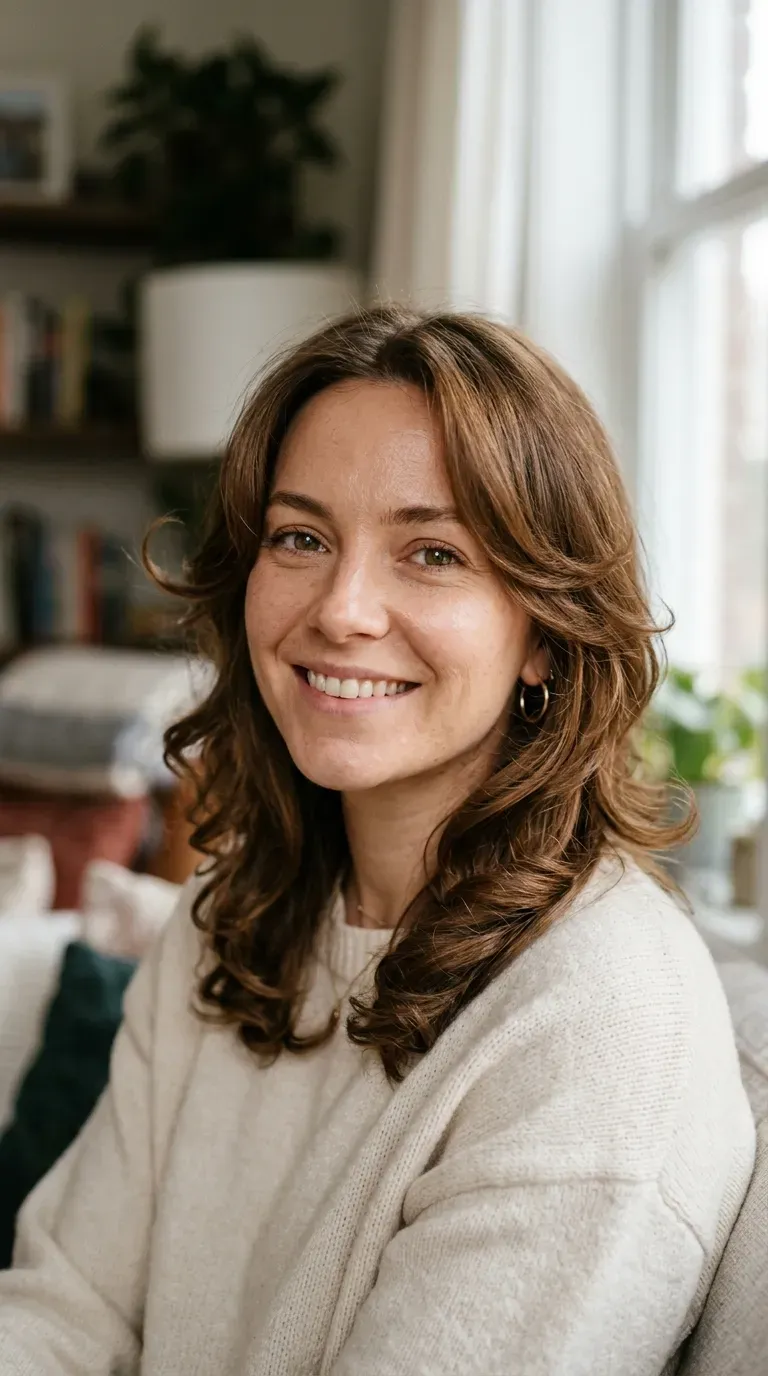 Woman over 60 with soft face-framing layers curled around her cheeks