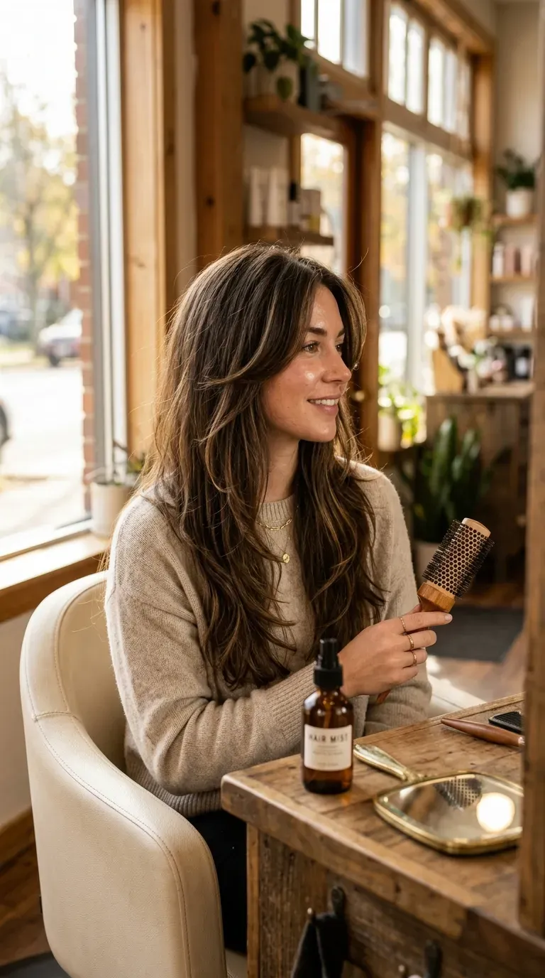 Woman with face-framing long layers softening her cheeks while keeping overall length