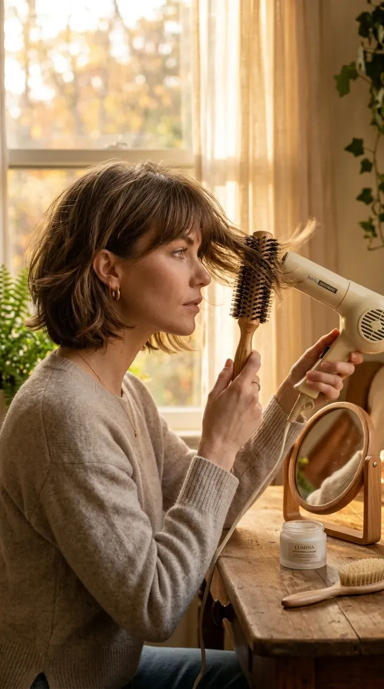 Woman with feathered bangs blending into a softly layered bob