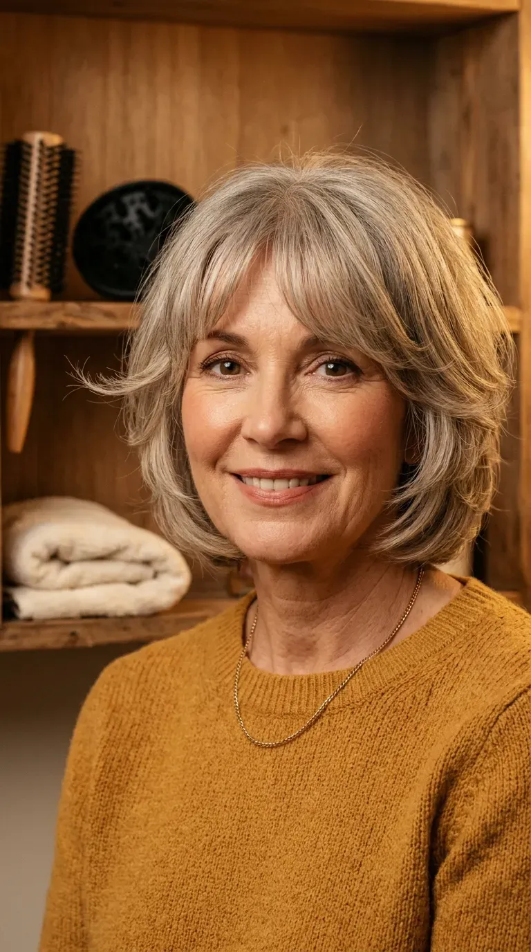 Woman over 50 with a feathered bob and a soft fringe framing the face