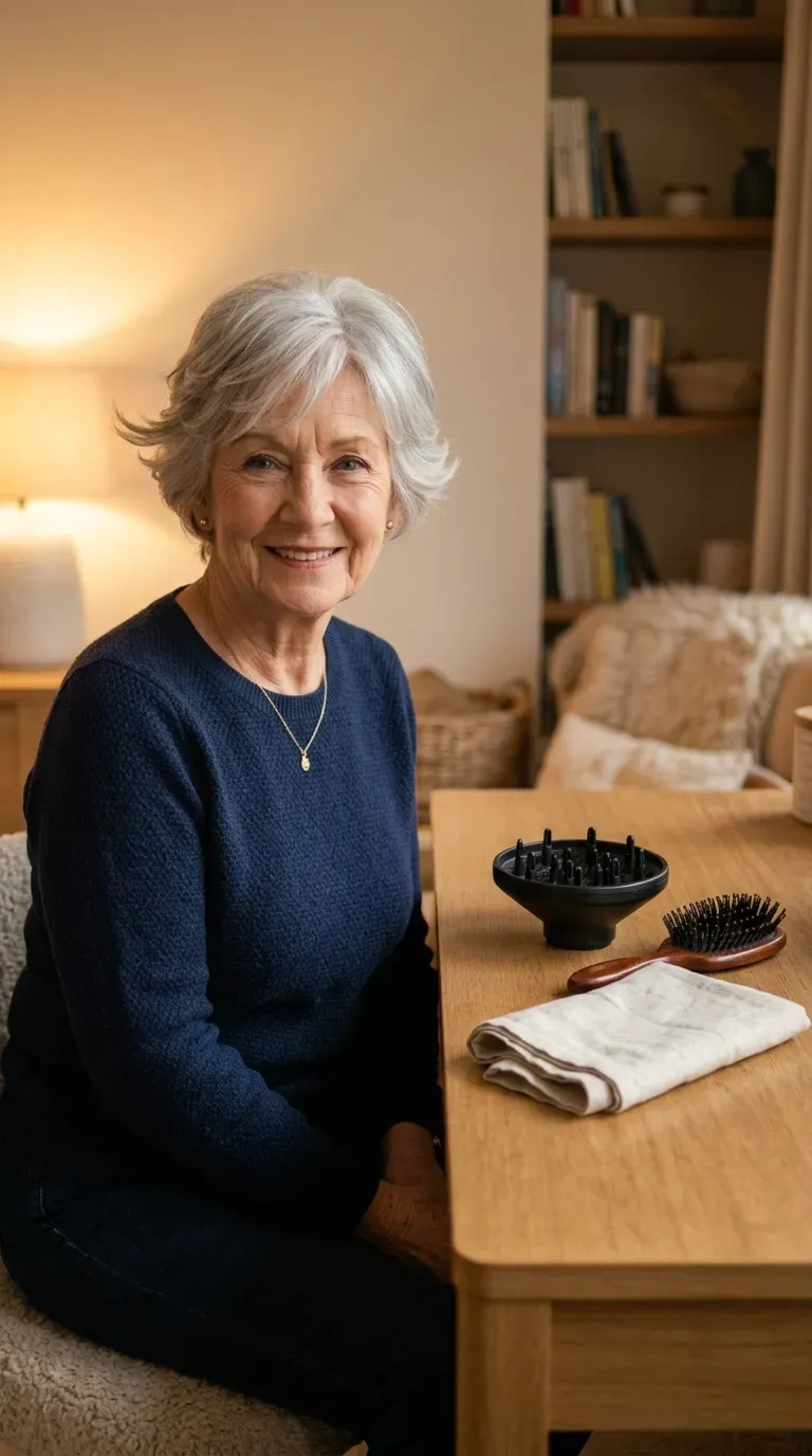 Woman over 70 with a feathered crop showing soft, wing-like layers around the face