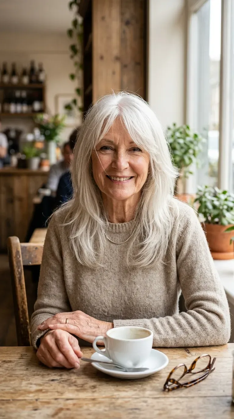 Woman over 70 with long feathered layers created using a gentle slide cutting technique