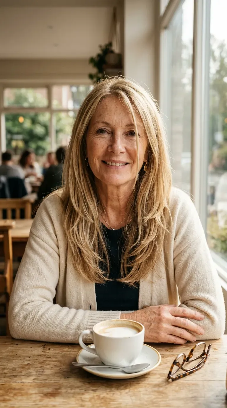 Woman over 60 with long feathered layers created using a gentle slide cutting technique