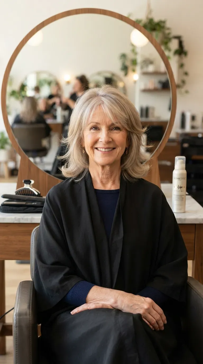 Woman over 50 with fine feathered medium layers styled with a flat iron for flip at the ends