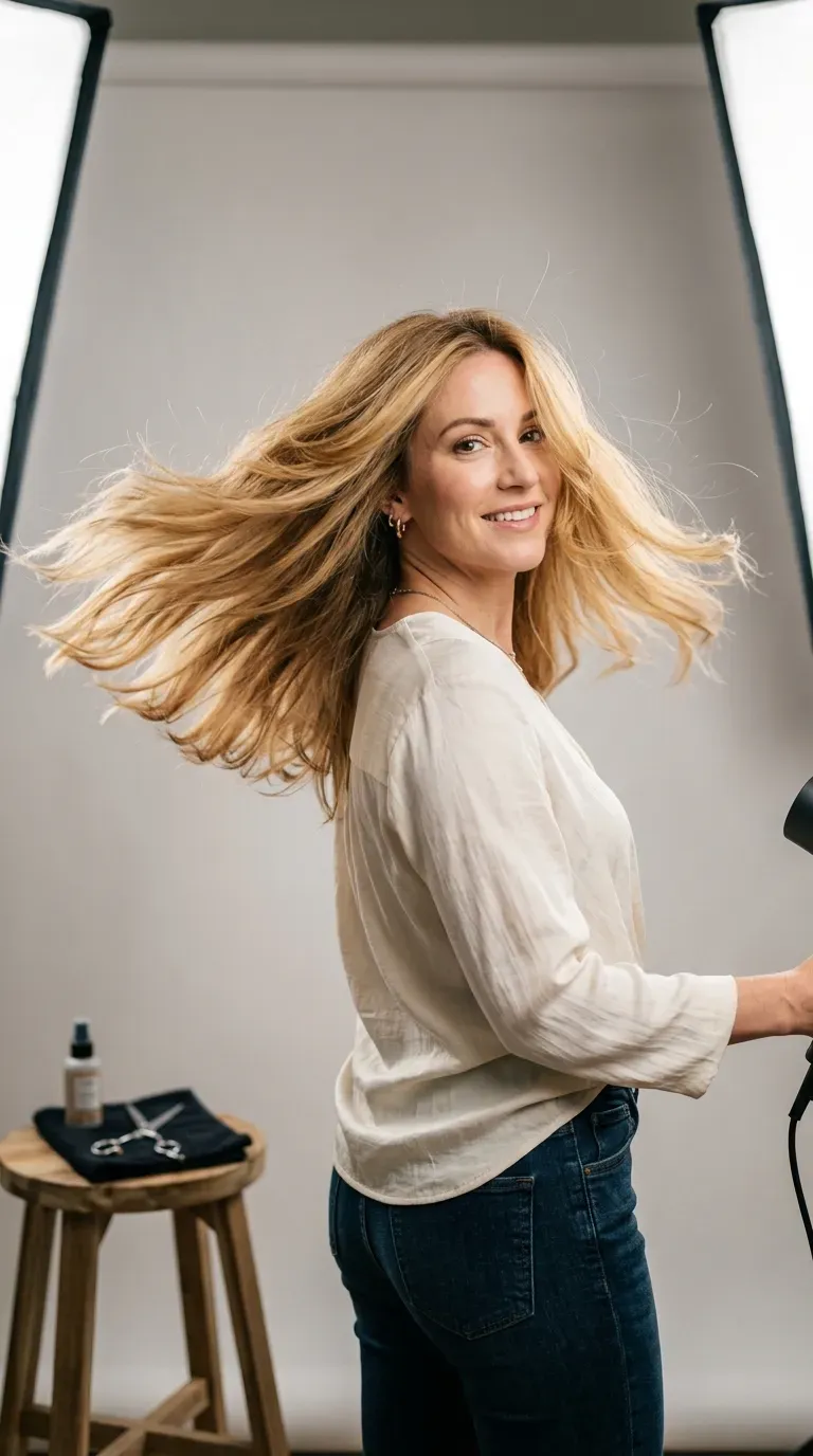 Woman over 50 with feathered layered hair styled to flip for instant fullness