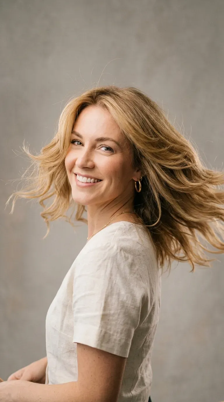 Woman over 40 with feathered layers styled into medium length haircut