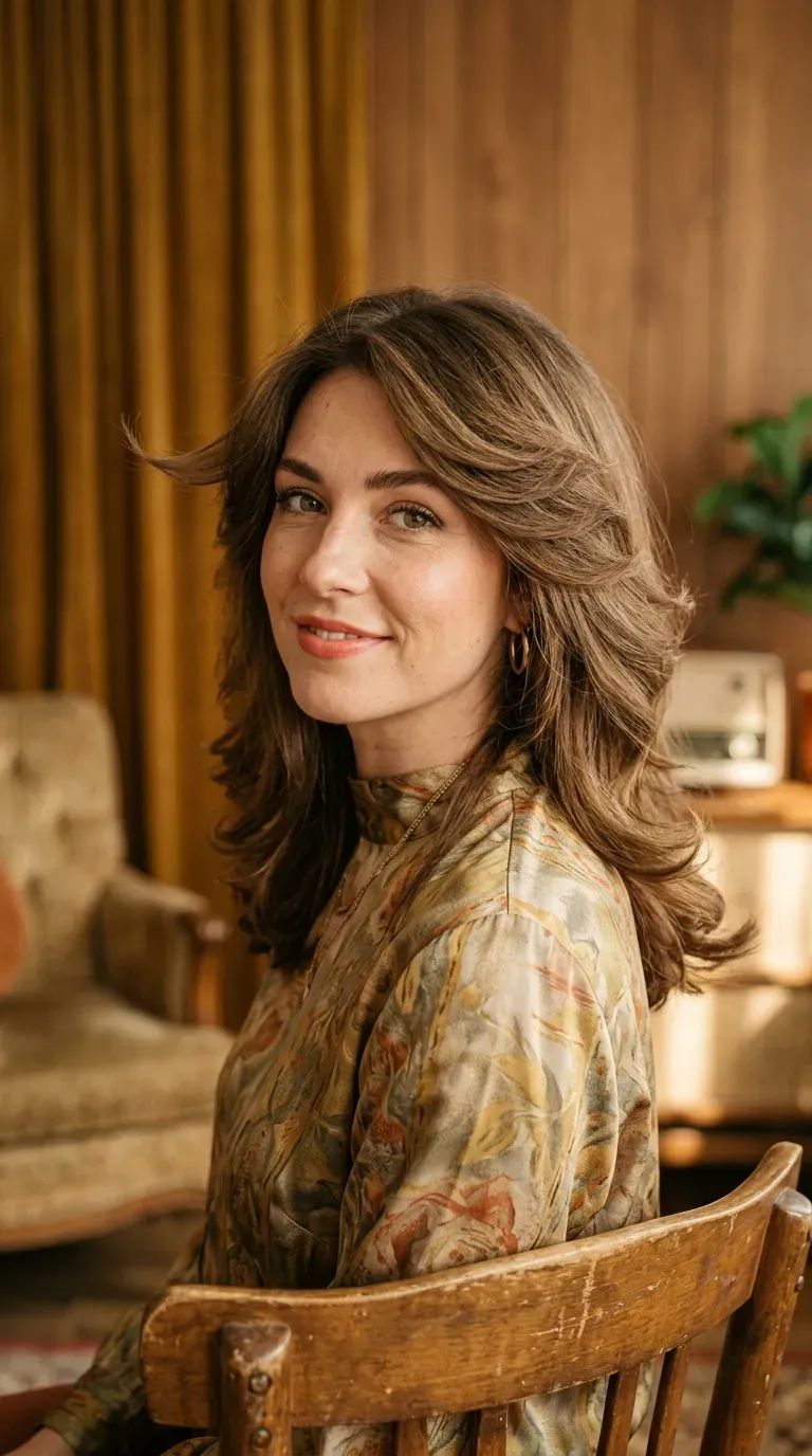 Woman over 60 with feathered layered hair flipped outward at the ends