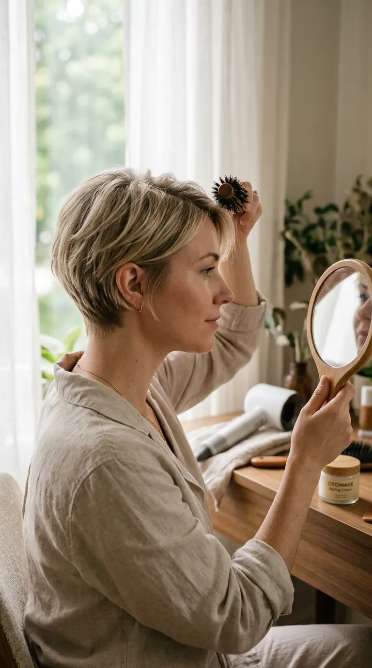 Woman with a feathered pixie cut showing soft blended layers on fine hair