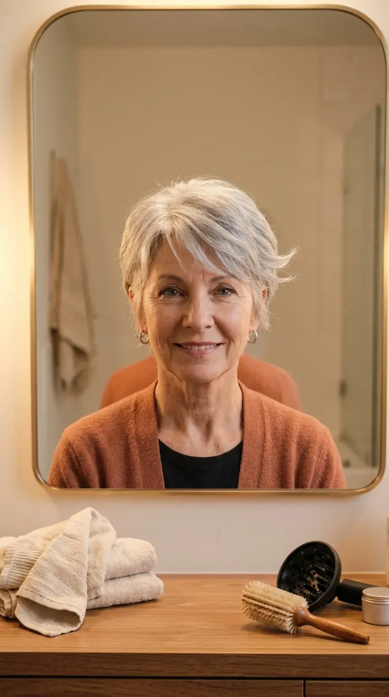 Woman over 60 with a feathered pixie showing soft, wing-like layers
