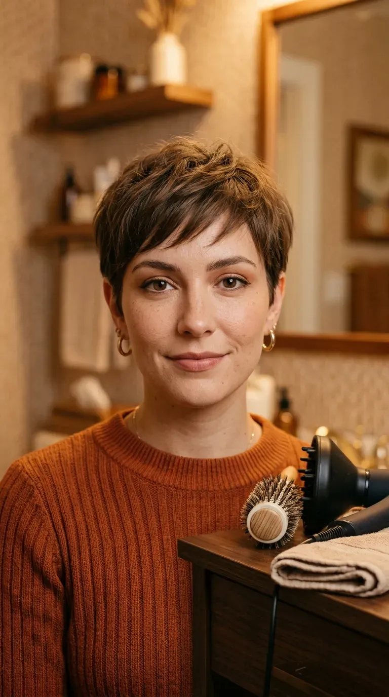 Woman with a feathered shag pixie showing soft, wing-like layers around the face
