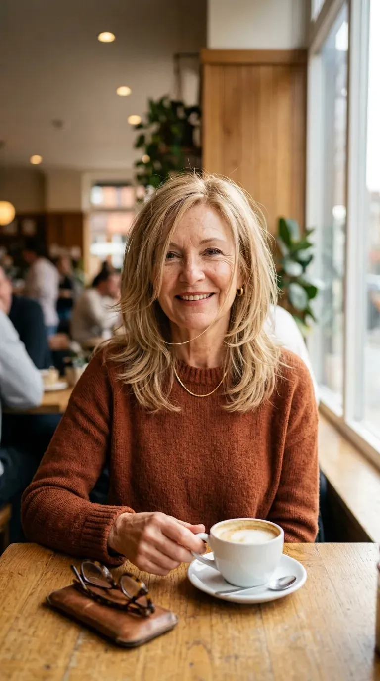 Woman over 60 with feathered layers created using a slide cutting technique on fine hair