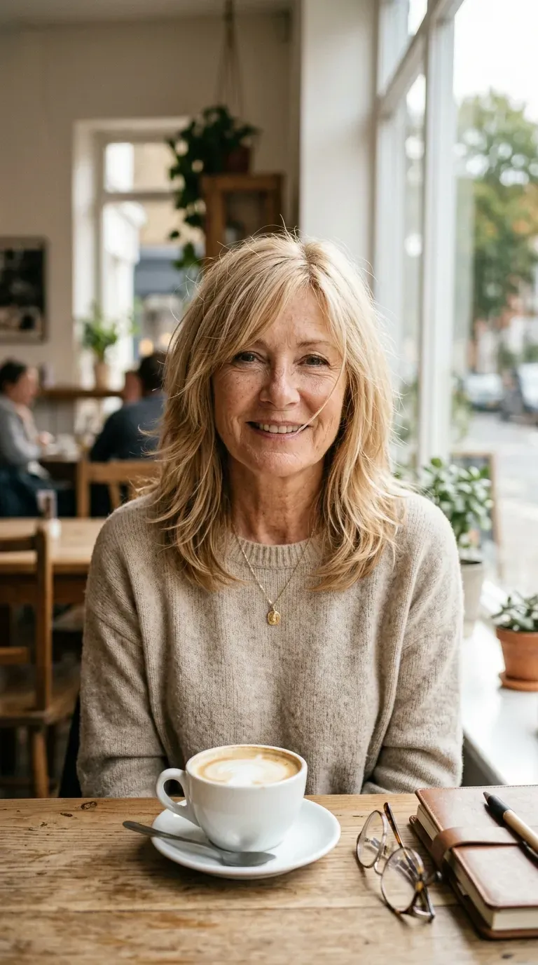 Woman over 60 with feathered layers created using a slide-cutting technique on fine hair