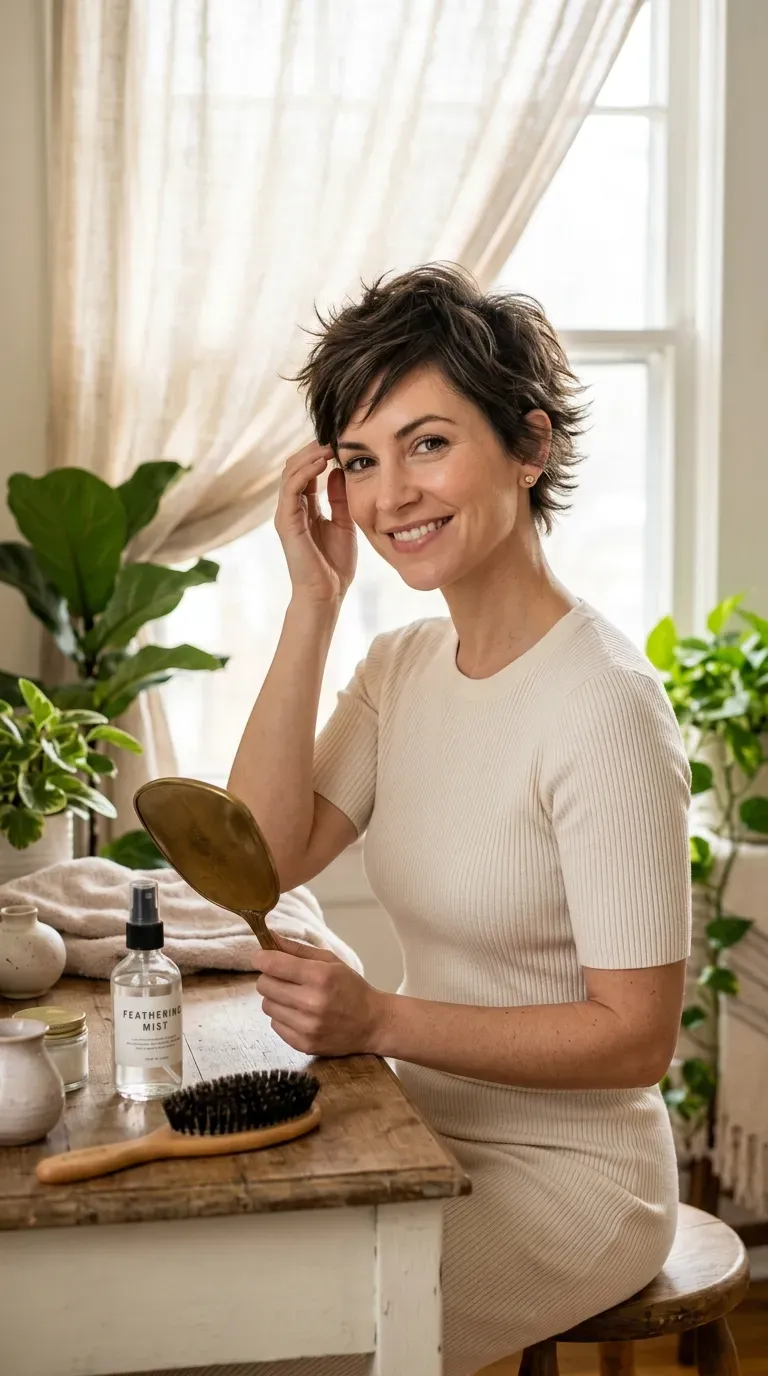 Feathered spiky pixie haircut with soft layered texture for older women