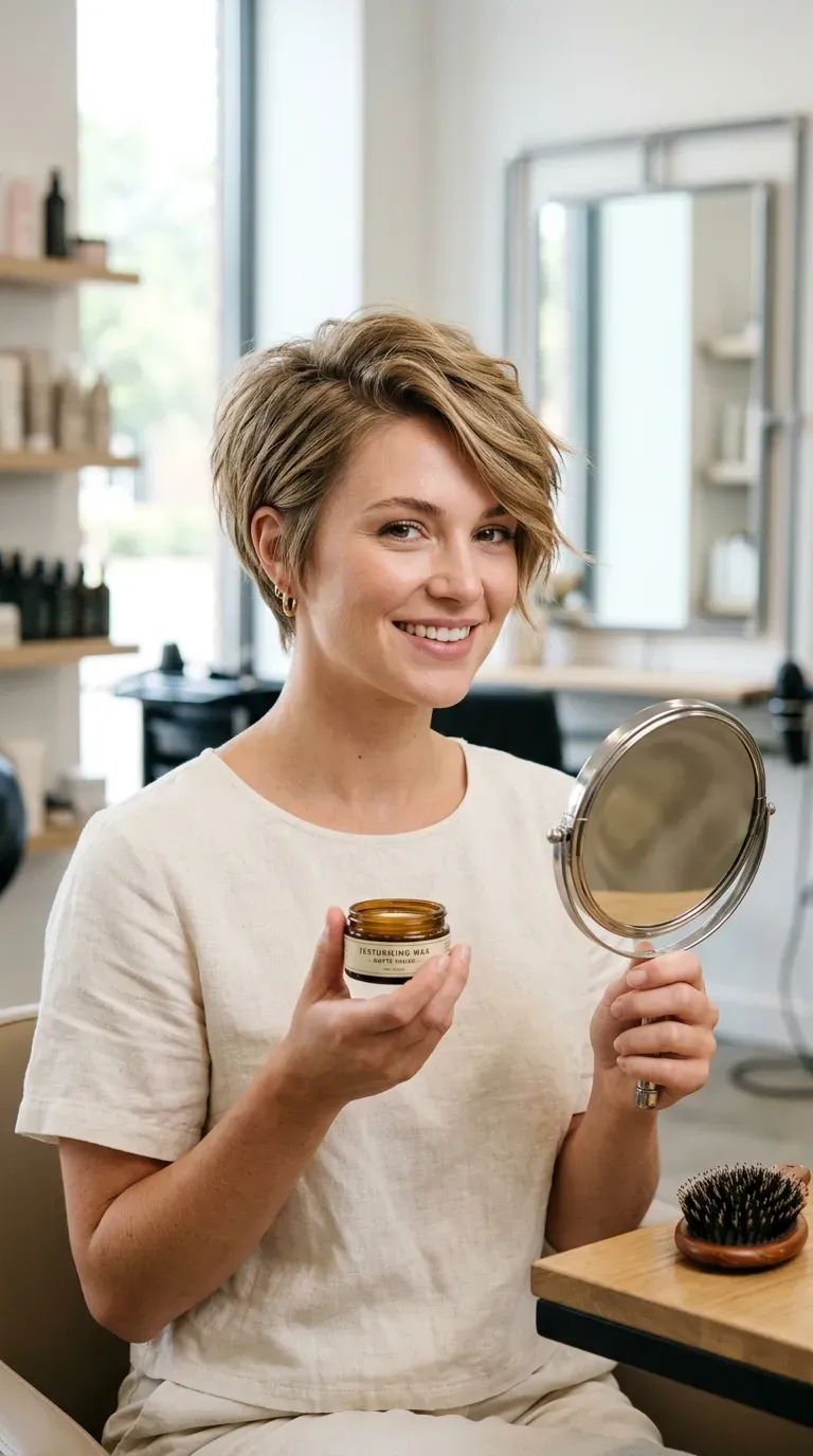 Short layered pixie-bob haircut styled for fine hair with added texture and volume