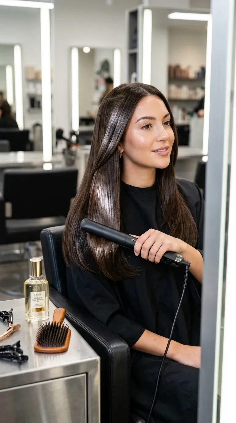 Woman with mirror-shine flat-ironed layered straight hair reflecting light