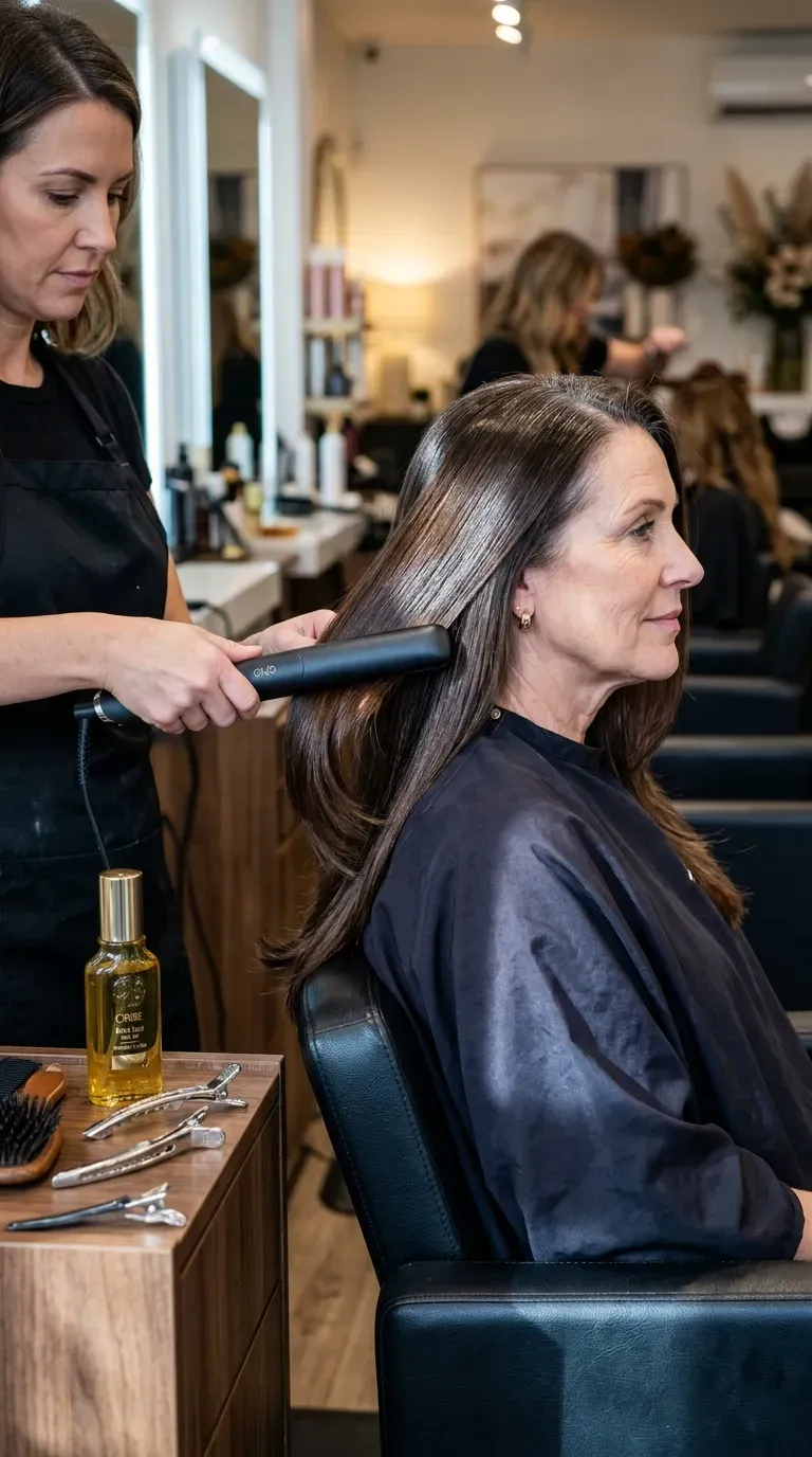 Woman over 50 with long layered hair flat-ironed to a glass-like glossy finish