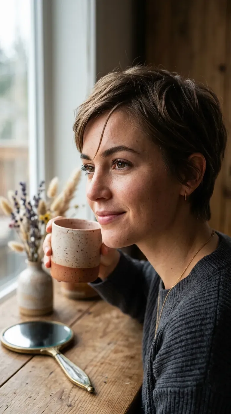 Woman with a French-style pixie cut featuring soft, piecey layers throughout