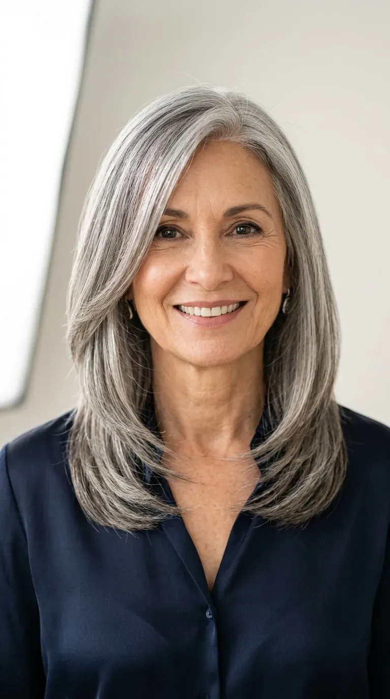 Older woman with sleek layered hair finished with a high-shine glossing serum