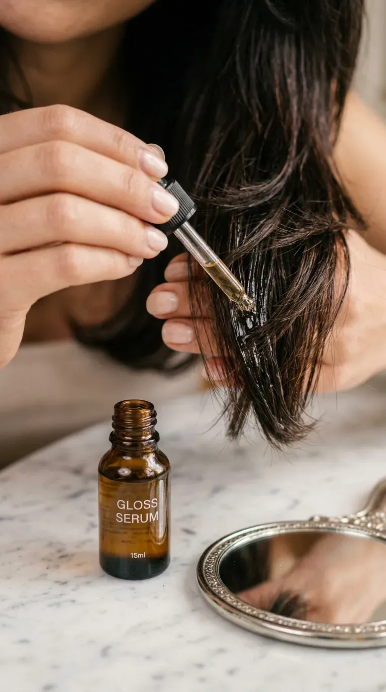 Close-up of glossy shine serum applied to medium length layered haircut