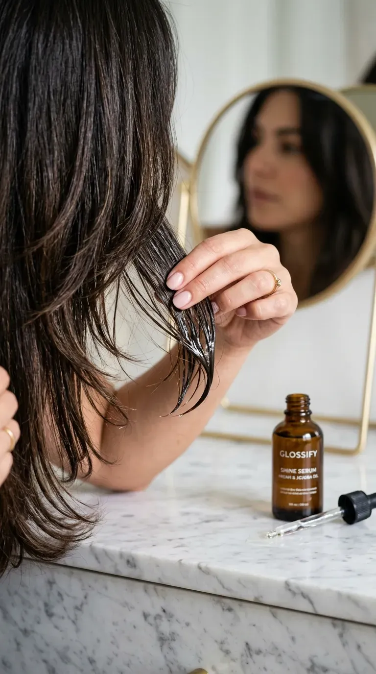 Close-up of glossy shine serum applied to layered haircut ends