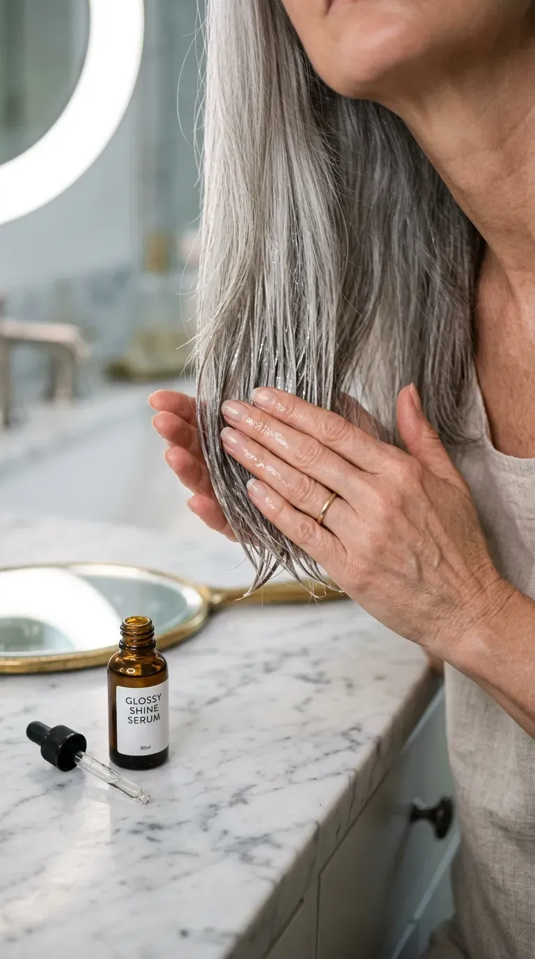Close-up of glossy shine serum applied to medium length hairstyle for women over 60