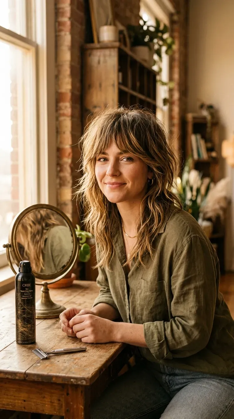 Choppy shag haircut with golden balayage highlights through layers