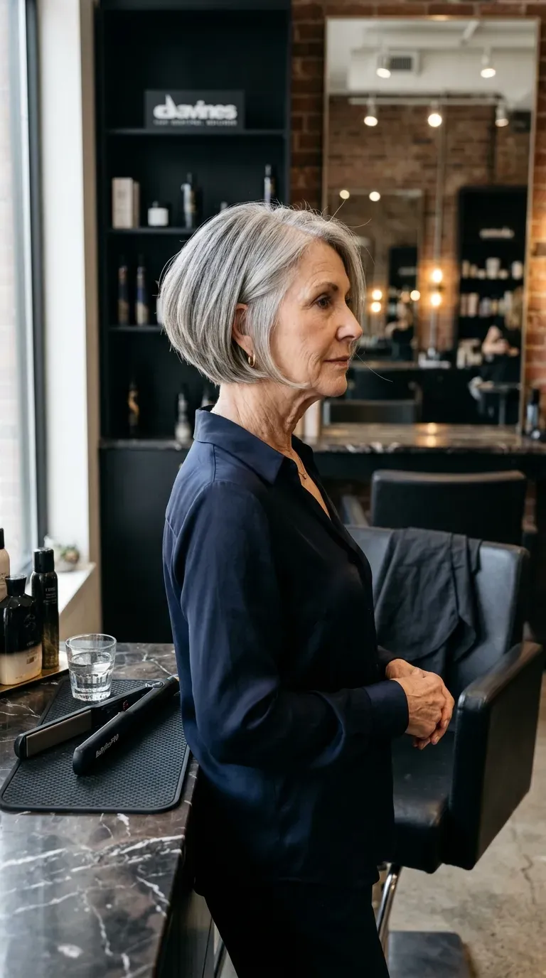 Elegant woman over 70 with a graduated bob and softly stacked layers angled toward the chin