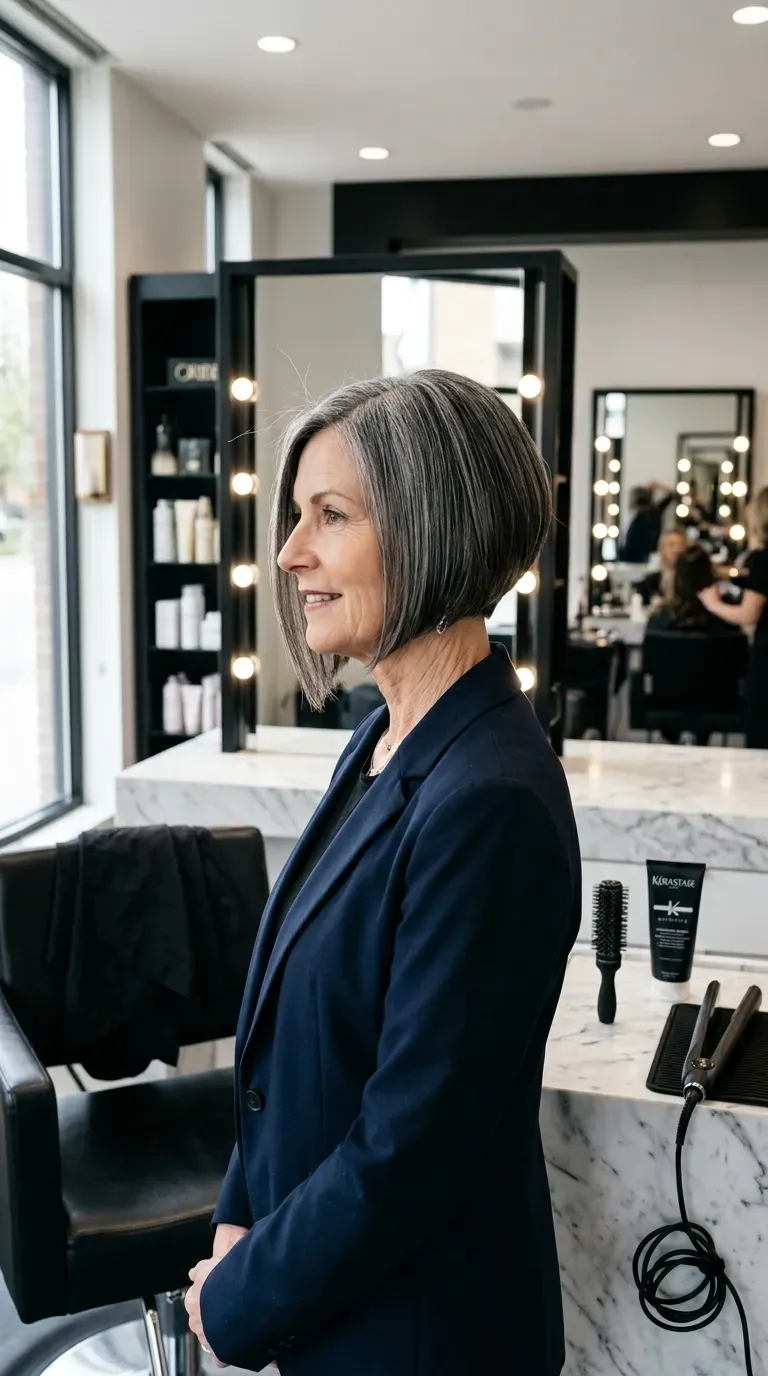 Woman over 60 with a graduated bob and stacked front layers angled forward toward the chin