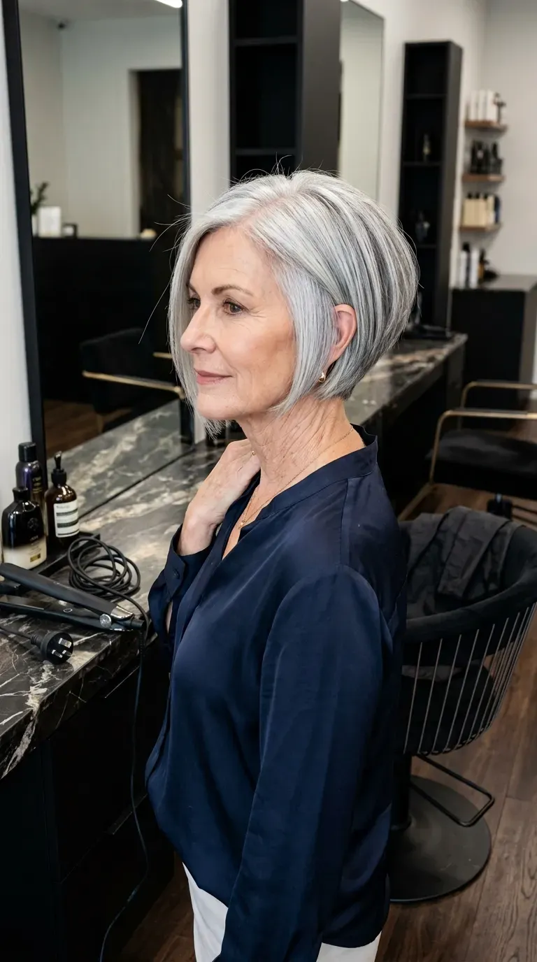 Woman over 60 with a graduated bob and stacked layers angled forward toward the chin