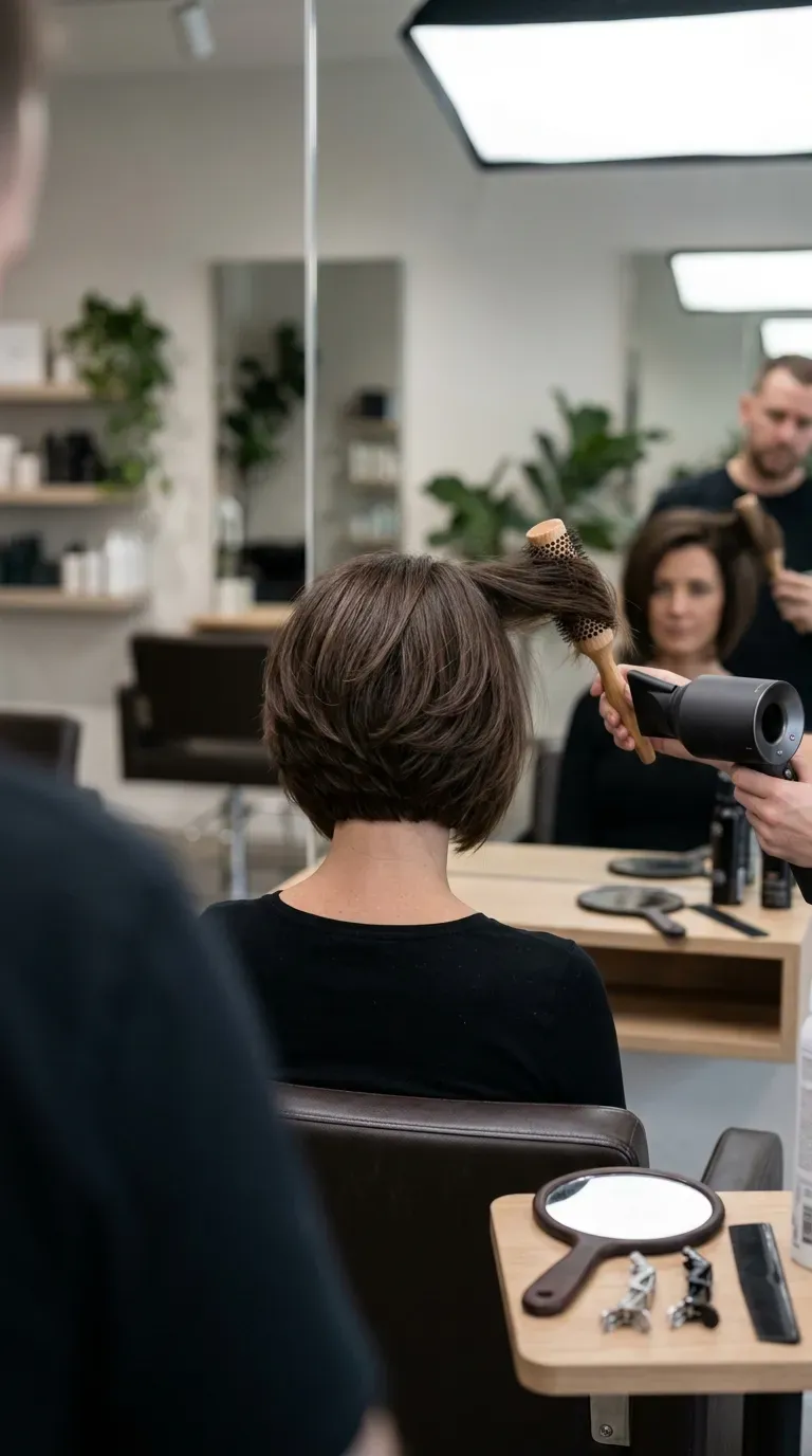 Woman with a graduated layered bob showing volume built at the back