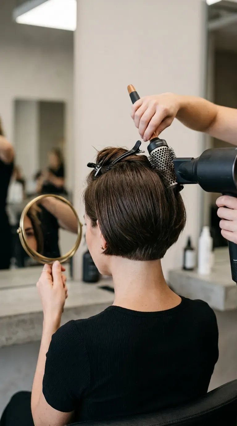 Woman with a graduated stacked bob showing added volume at the back