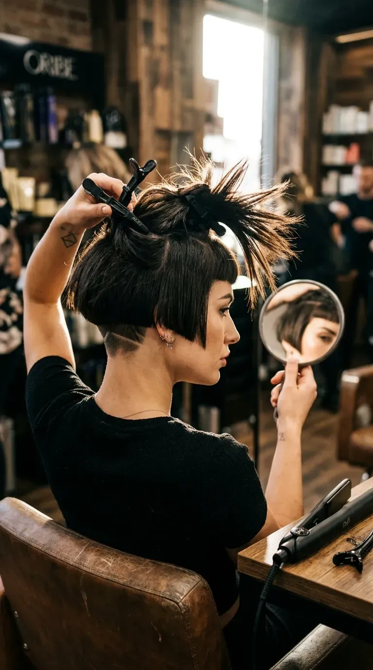 Graphic spiky bob haircut with hidden undercut nape for older women