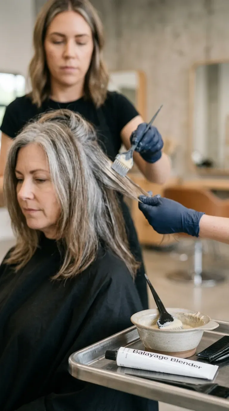 Woman over 60 with gray-blending balayage highlights for a softer color transition