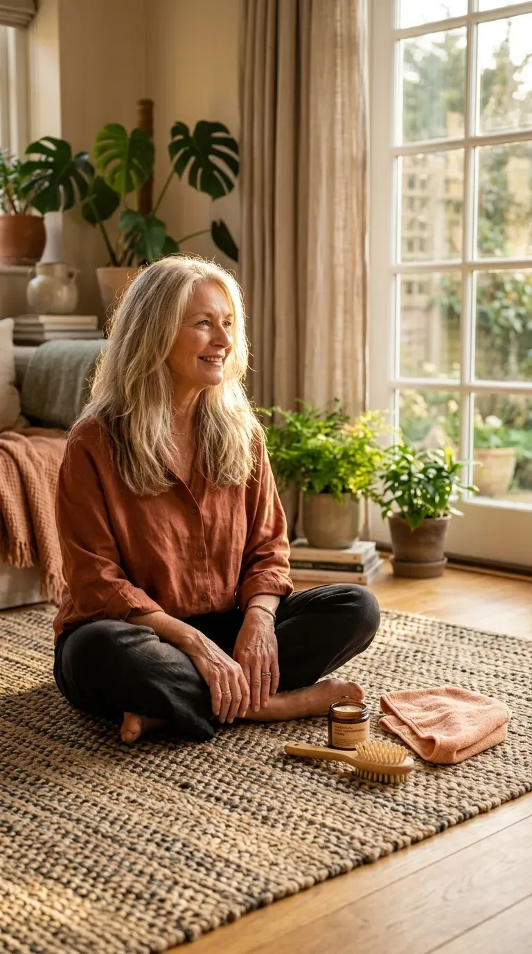 Mature woman with long grow out friendly layers blending smoothly as hair lengthens