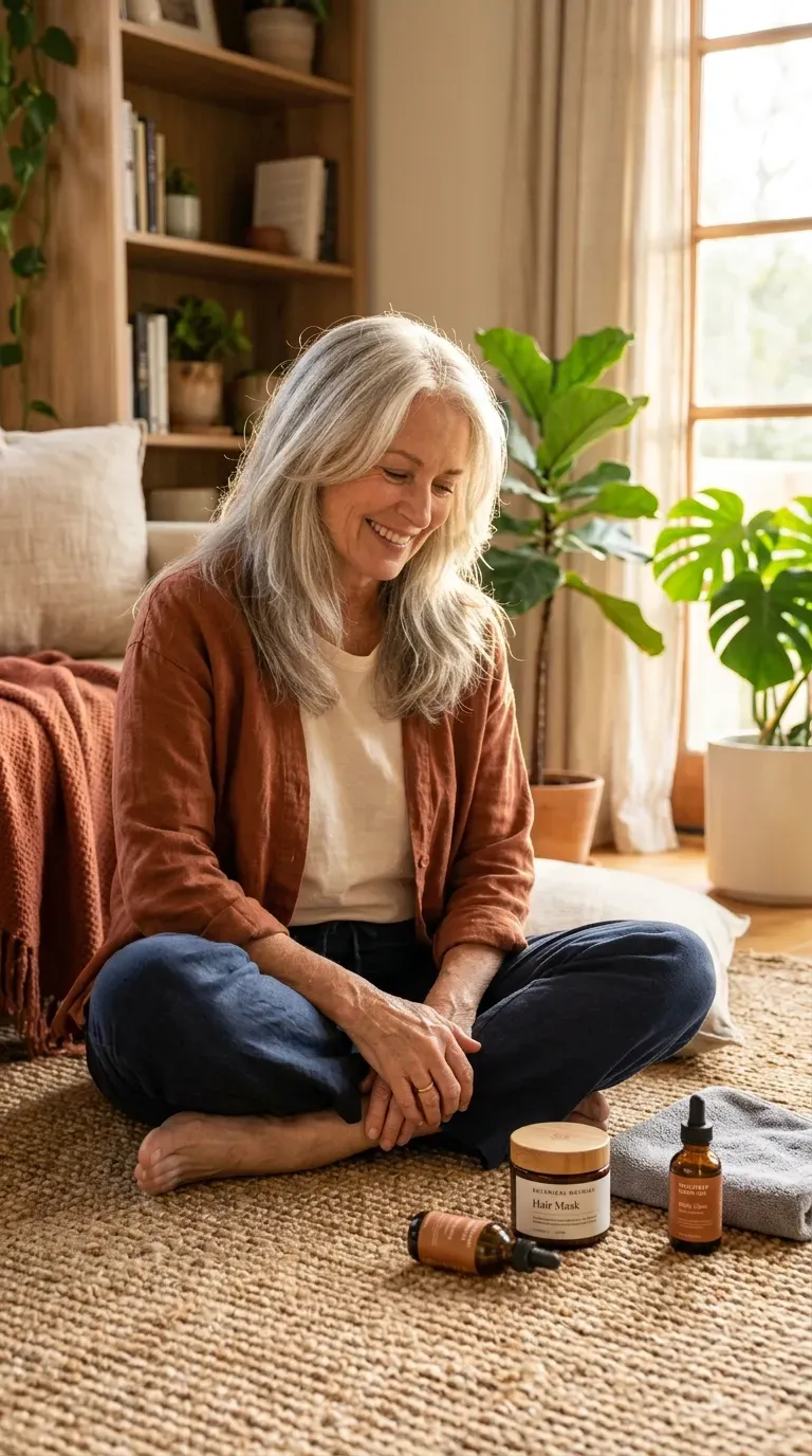 Mature woman with long grow-out friendly front layers that blend as the hair gets longer