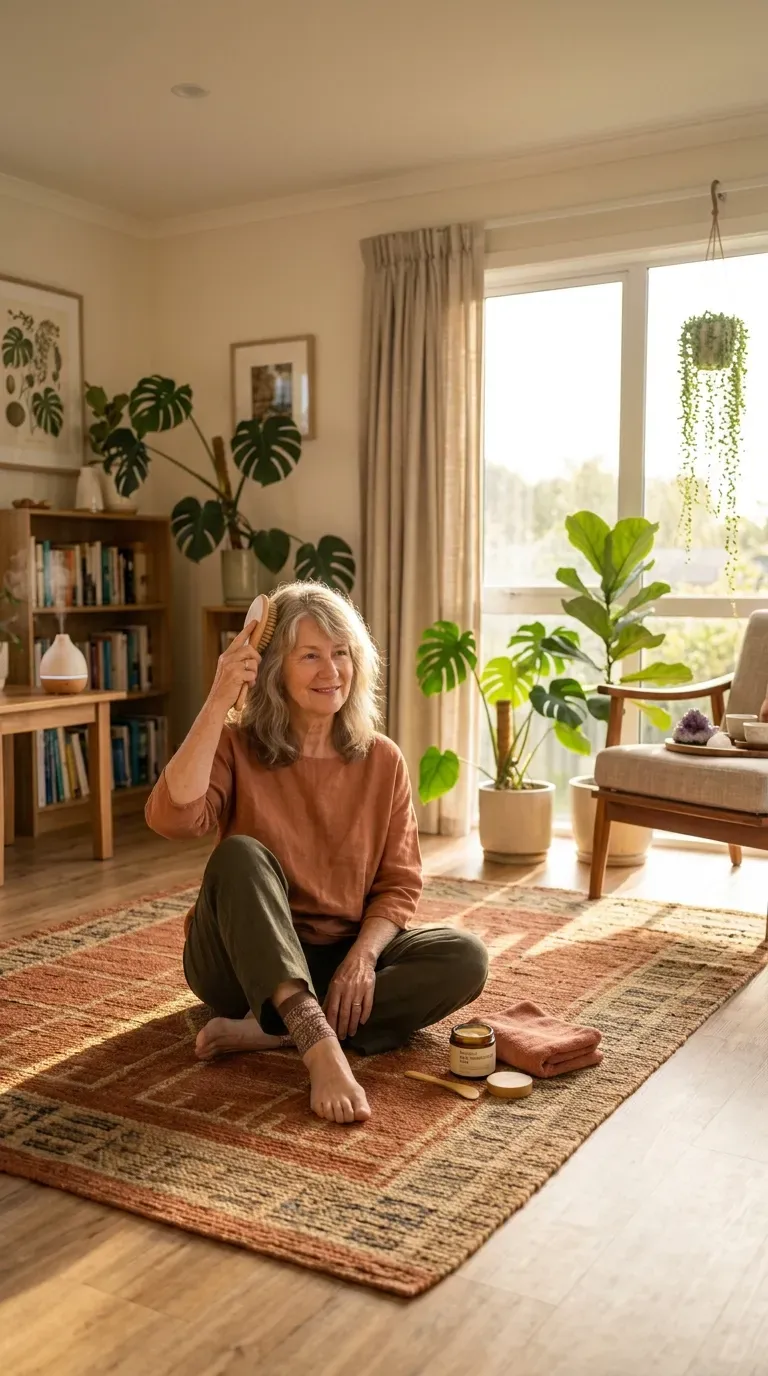 Relaxed woman over 70 with medium grow out friendly layers blending smoothly as hair lengthens