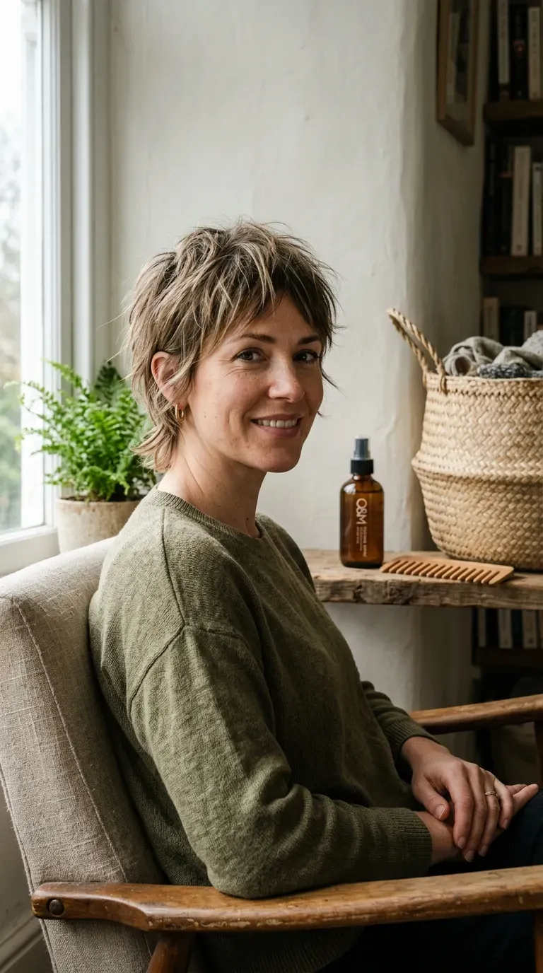Woman with a grown-out shaggy pixie transitioning into longer, layered pieces