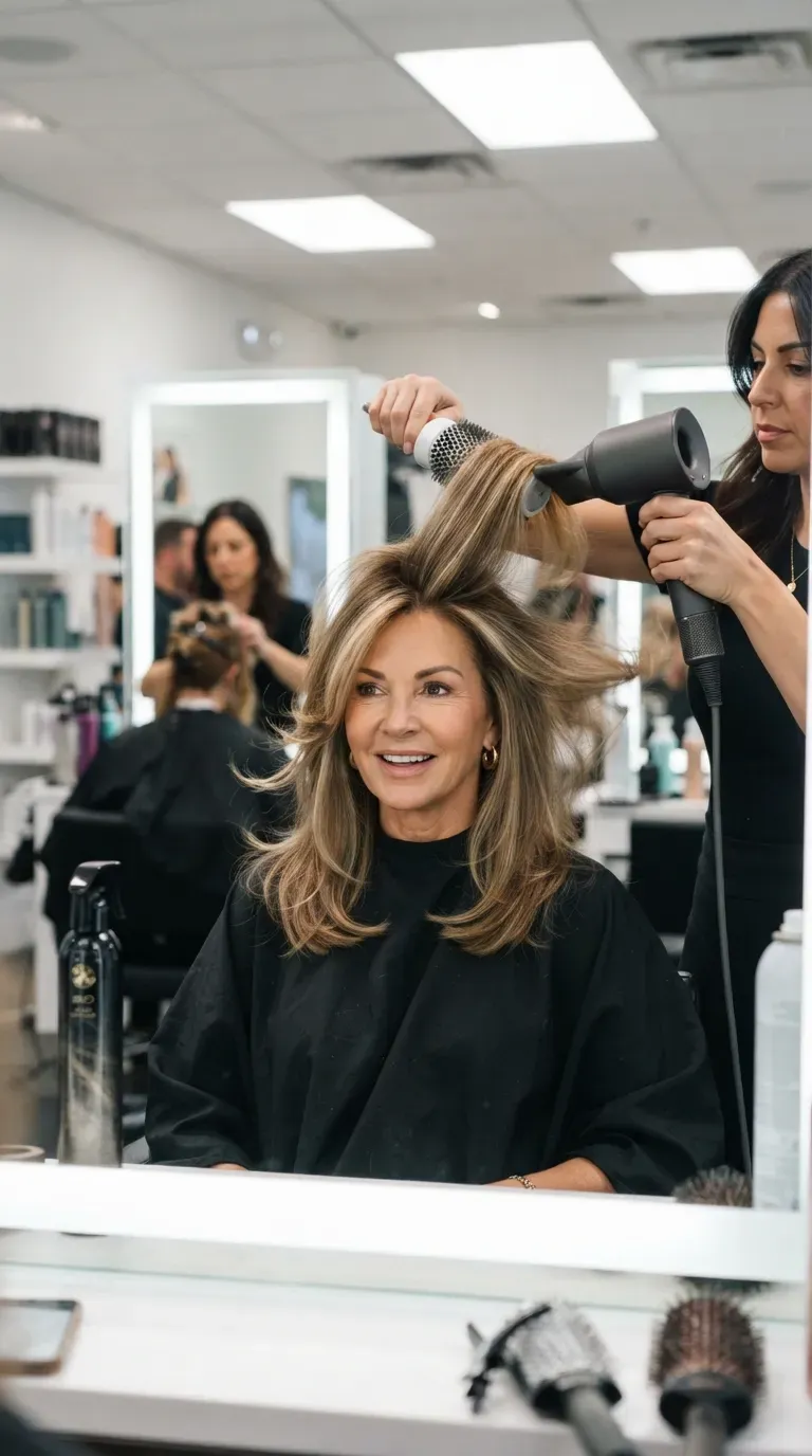 Woman over 50 with thin hair styled with voluminous blow-dried layers