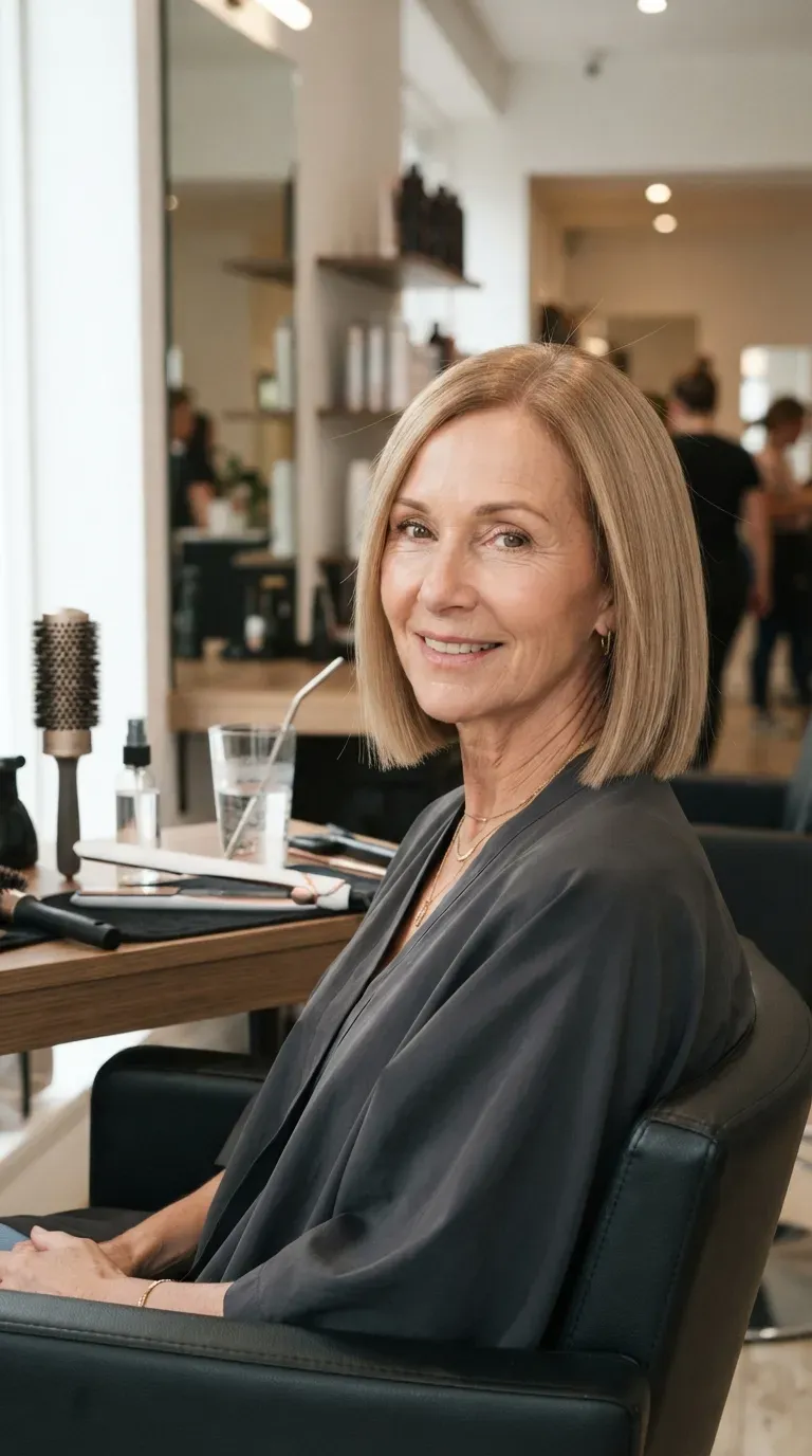 Woman over 50 with thin hair styled in a chin-length blunt bob