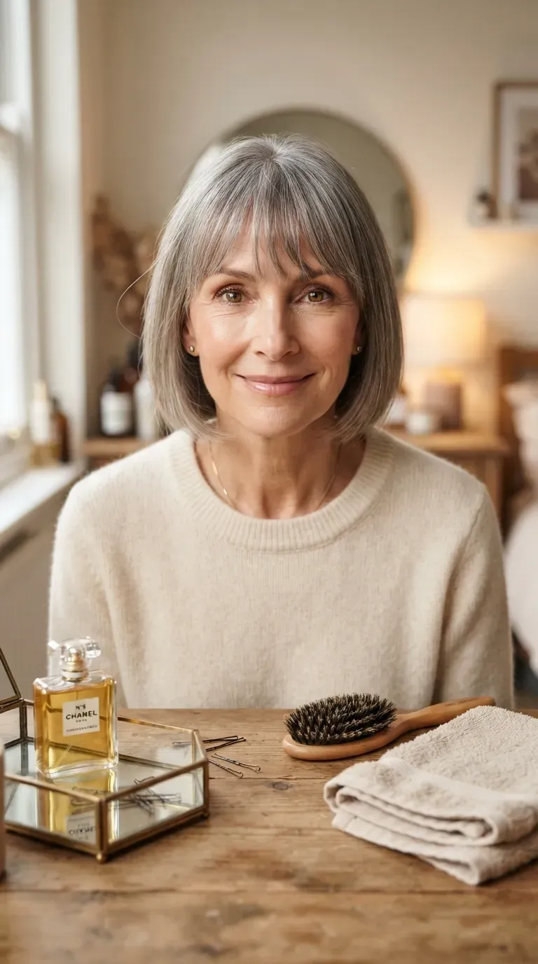Woman over 50 with thin hair styled in a blunt bob with bangs