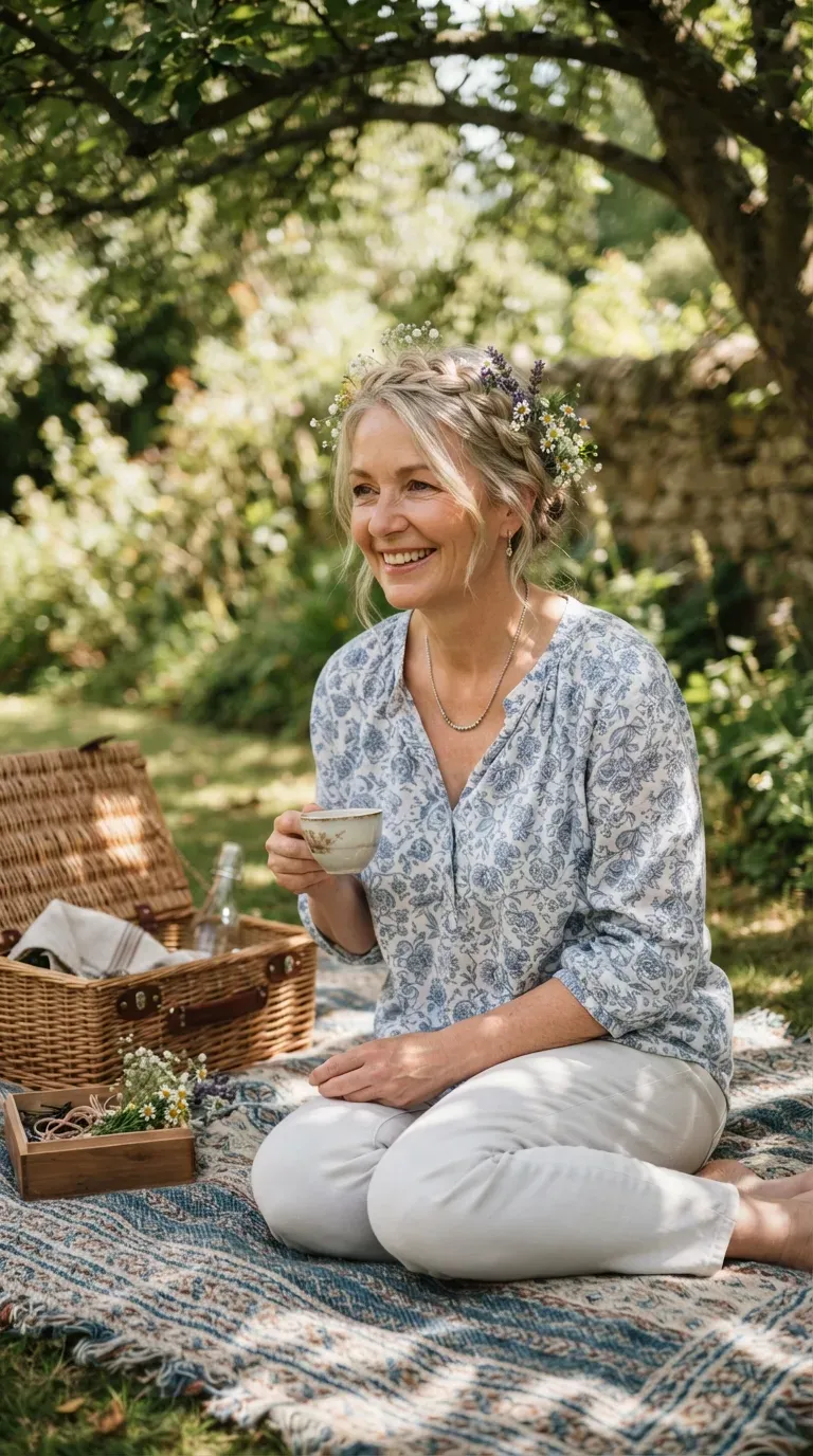 Woman over 50 with thin hair styled with a gentle, low-tension braided crown