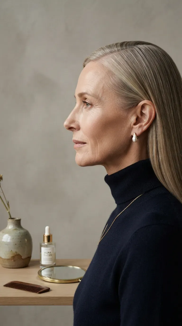 Woman over 50 with thin hair styled sleek with a deep side part