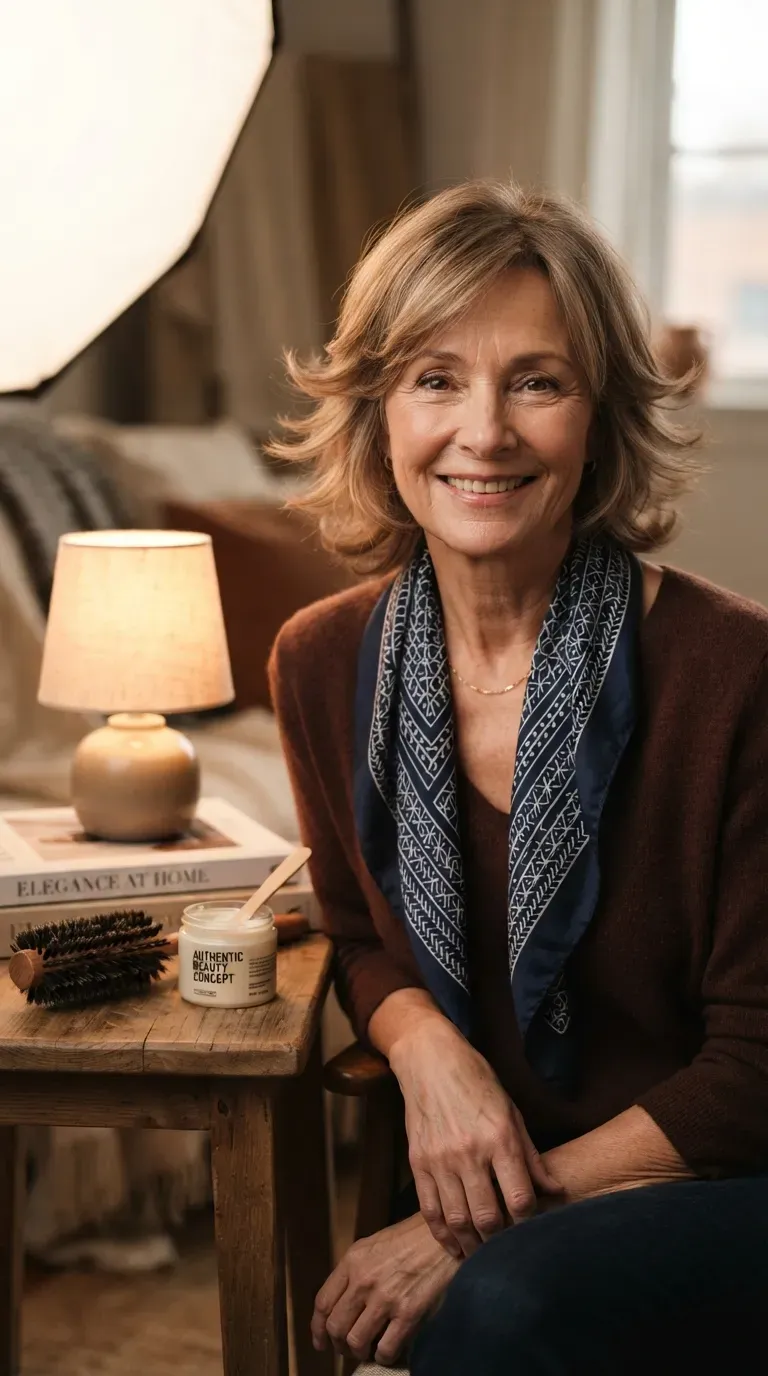 Woman over 50 with thin hair styled with soft feathered layers