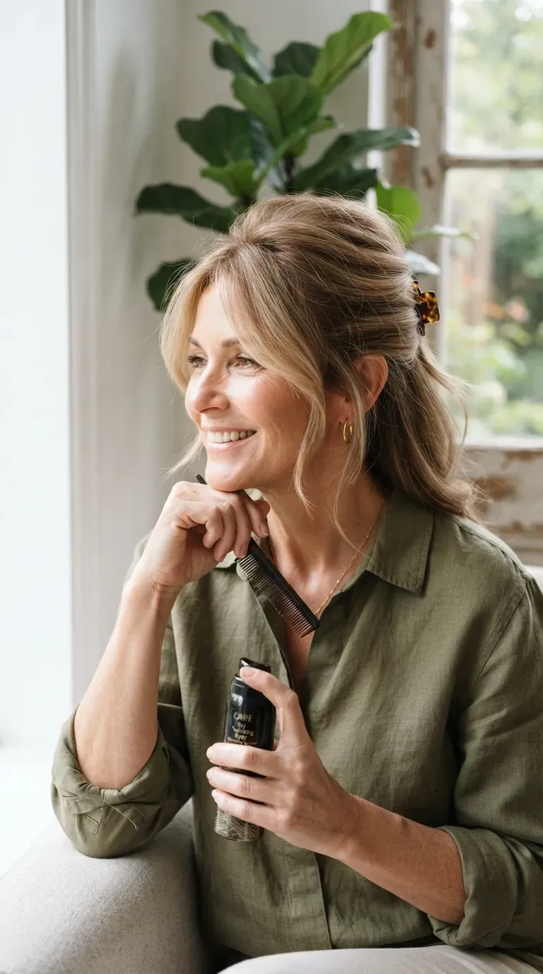 Woman over 50 with thin hair styled half-up with lifted roots